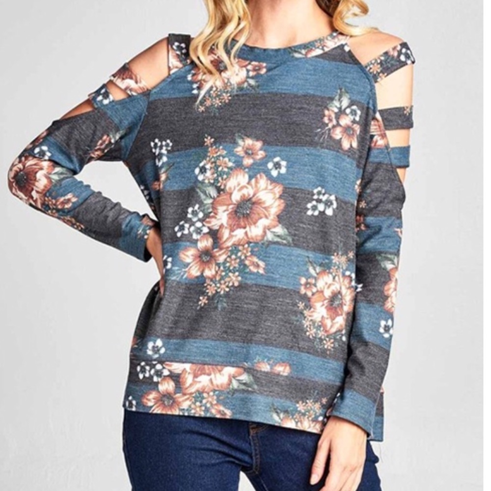 Teal/Gray Striped Floral  Top